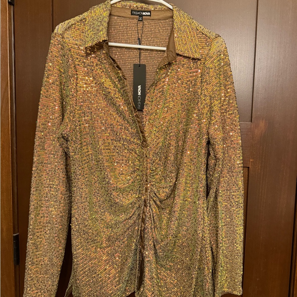 Fashion Nova Shimmering Gold Button Down Shirt